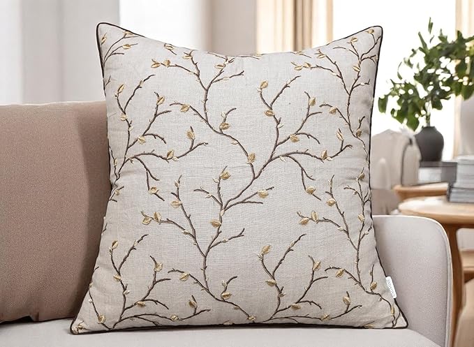 VAGMINE Embroidered Pussy Willow Throw Pillow Cover - 18x18 Inches Square - 100% Linen Natural Decorative Cushion Cover - Floral Embroidery - Cozy Farmhouse & Boho Accent for Sofa, Couch, Bedroom