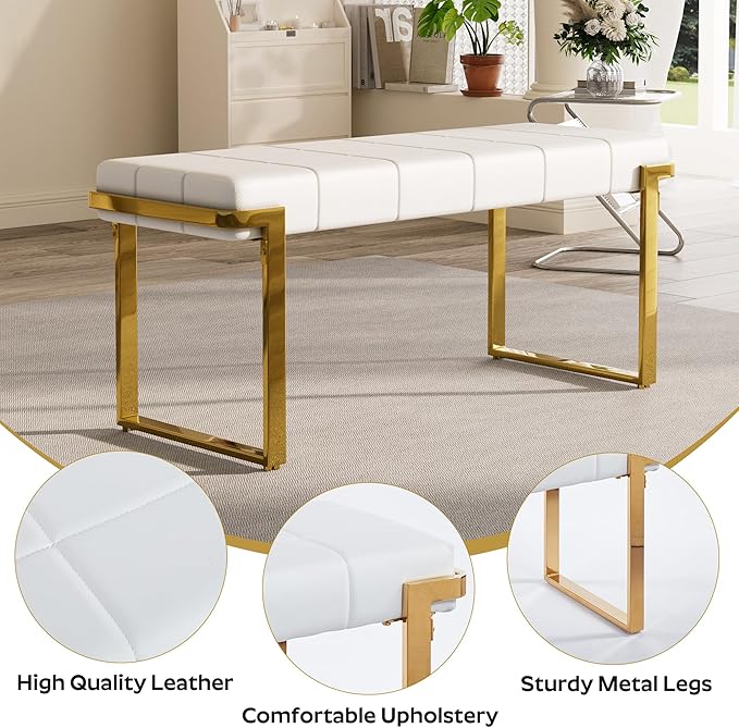 Upholstered Dining Bench, 44.29 Inch Leather Upholstered Bedroom Benches, Entryway Bench for Living Room Kitchen Dining Room(White&Gold)