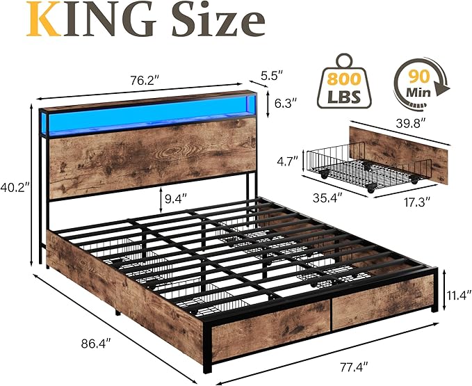 Lifezone Queen Bed Frame with 2-Tier Storage Headboard, Metal Platform Bed Frame with 4 Storage Drawers, Built in Charging Station & LED, Noise-Free/Metal Support/No Box Spring Needed, Rustic Brown