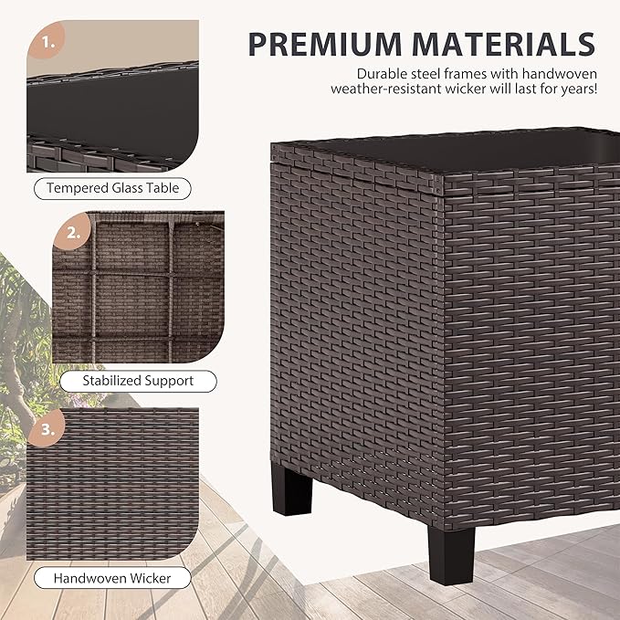 Vongrasig 3 Piece Patio Furniture Set Small Outdoor Wicker Rattan Front Porch Bistro Set Cushioned Patio Chairs Conversation Set with Glass Table for Lawn, Garden, Backyard, Balcony, Poolside (Beige)