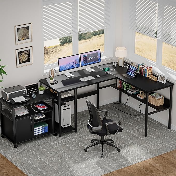 Unikito Reversible L Shaped Desk with Magic Power Outlets and USB Charging Ports, Sturdy Corner Computer Desk with Storage Shelves, Gaming Table Home Office Desk, Easy to Assemble, Black