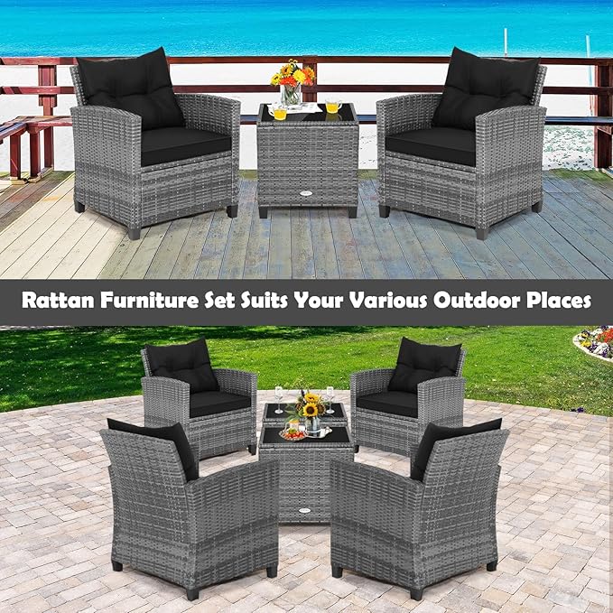 Tangkula 3 Pieces Patio Furniture Set, Outdoor PE Rattan Conversation Chair Set with Tempered Glass Side Table and Removable Cushions, PE Wicker Chairs and Table Set for Porch, Balcony and Garden