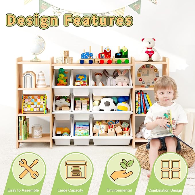 MallBest 4-Tier Kids' Toy Storage Organizer Shelf - 100% Solid Wood,Extra Wide Children's Storage Cabinet with 9 Plastic Bins and 6 Storage Ports