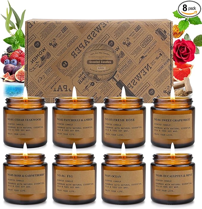 Candles for Home Scented,8 Pack Aromatherapy Jar Candle Gifts for Women, Natural Soy Wax Amber Candle Set, Scented Candles Set for Birthday Valentine Mother's Christmas Day Present