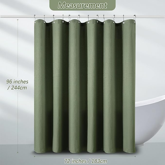 Extra Long Sage Green Bathroom Decor Waffle Shower Curtain 96 Inches 256GSM Heavy Duty Shower Curtain Set, Hotel Quality Water Repellent Modern Shower Curtains with 12 Hooks,72Wx96H
