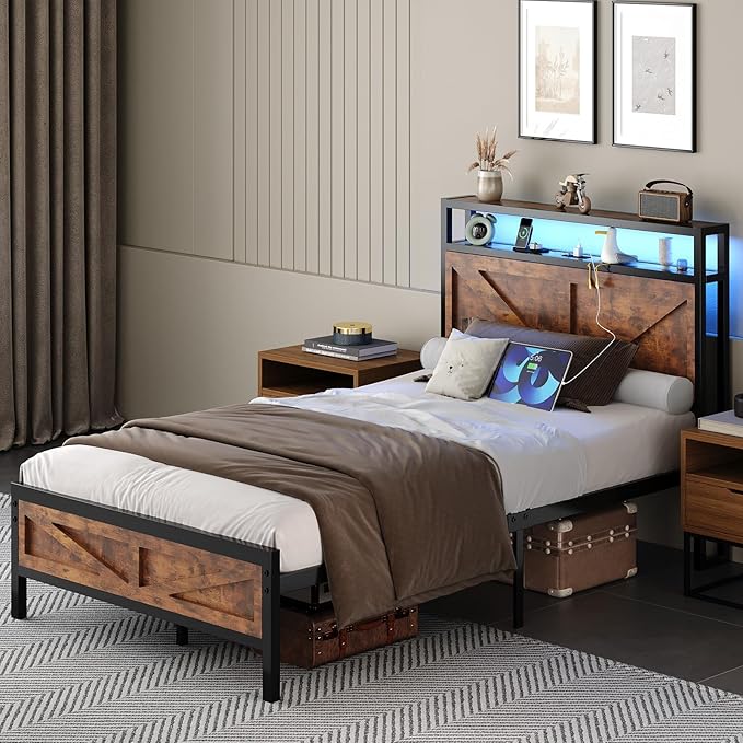 Twin Bed Frame with Charging Station and LED Lights, Twin Size Metal Platform Bed Frame with Storage and Rustic Barn Door Headboard, Heavy Duty Steel Slats Support, No Box Spring Needed, Rustic Brown