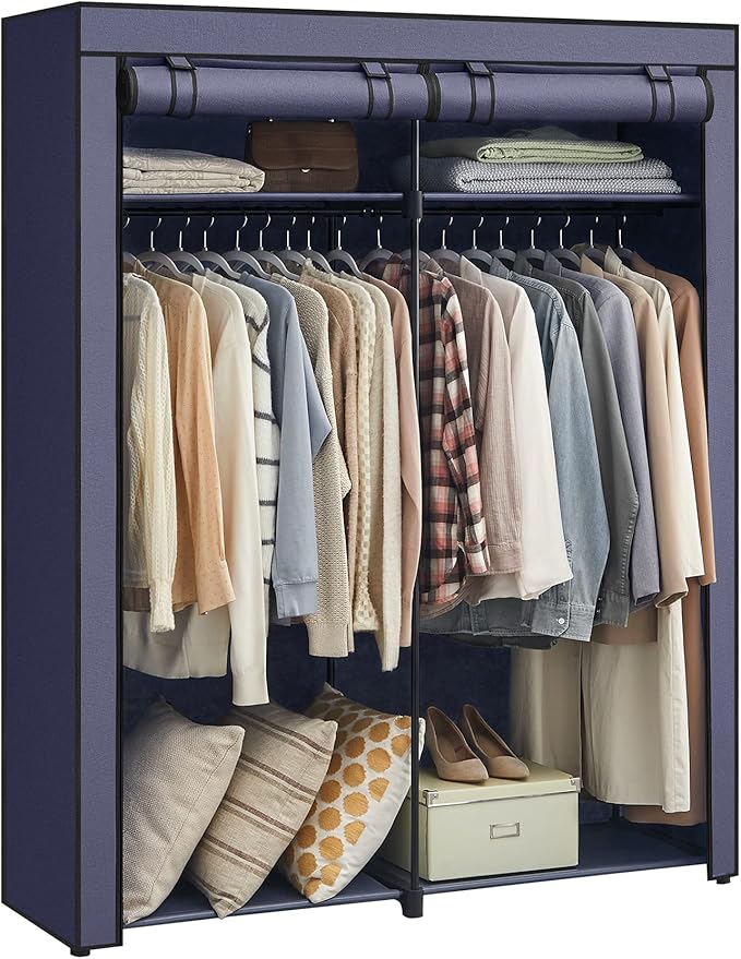 SONGMICS Closet Wardrobe, Portable Closet for Bedroom, Clothes Rail with Non-Woven Fabric Cover, Clothes Storage Organizer, 55.1 x 16.9 x 68.5 Inches, Dark Blue URYG002I02