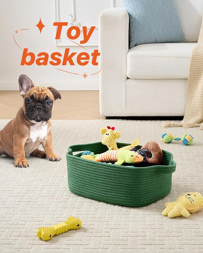 KALLAX Small Woven Basket, 14 x 10 x 5.6 Inches, Small Storage Baskets for Organizing, Gift Baskets Empty, Cute Rope Shelf Closet Storage Bins for Shelves, Dog Toy Basket, Green