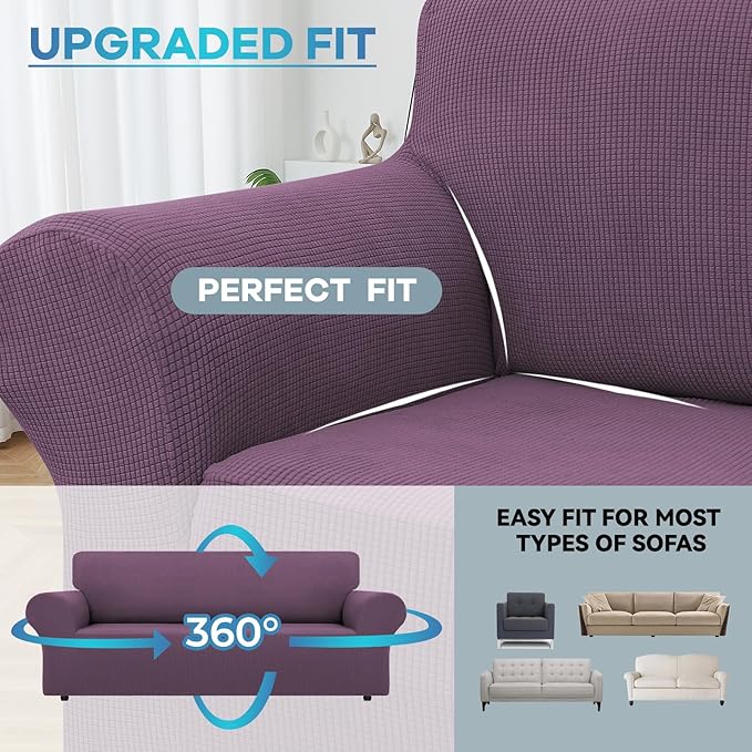 LURKA Stretch Sofa Slipcovers 1 Piece Couch Covers for 3 Cushion Couch Sofa Furniture Protector Full Sofa Covers with Elastic Bottom for Kids and Dog (Large, Purple)