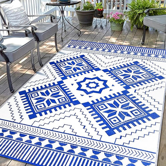 Waterproof Outdoor Rug 6x9ft, Boho Reversible Plastic Straw Mat for Patio RV Deck Porch Backyard Balcony Camping Picnic Beach Indoor Outdoor Carpet, Blue&White