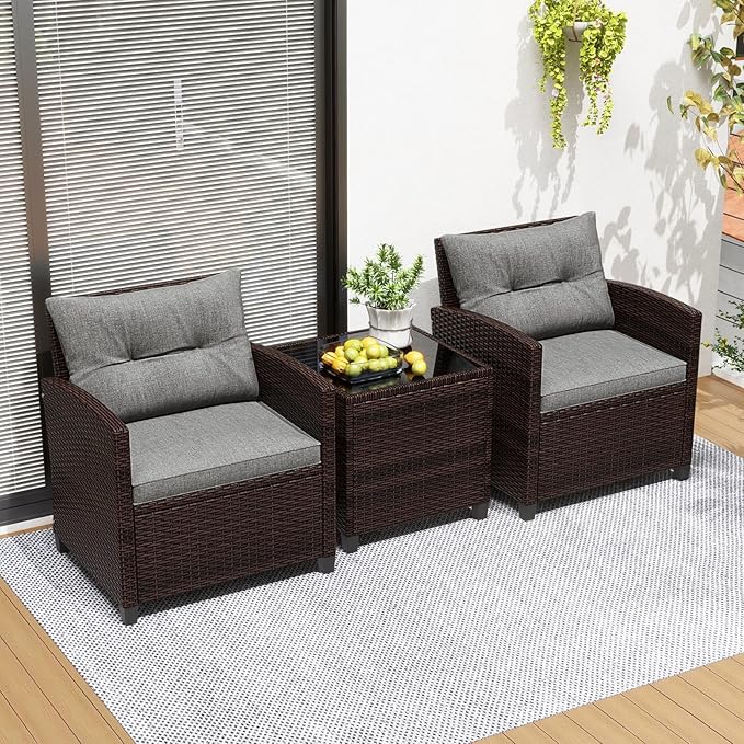 Tangkula 3 Pieces Patio Furniture Set, PE Rattan Wicker 3 Pcs Outdoor Sofa Set w/Washable Cushion and Tempered Glass Tabletop, Conversation Furniture for Garden Poolside Balcony (Grey)