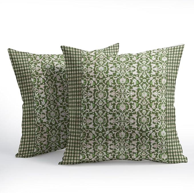 Kawani Green Antique Pillow Covers 16x16 Inch Vintage Floral Block Print Decorative Throw Pillows Set of 2 Retro Turkish Pillowcases for Couch Indoor Outdoor Home Decor