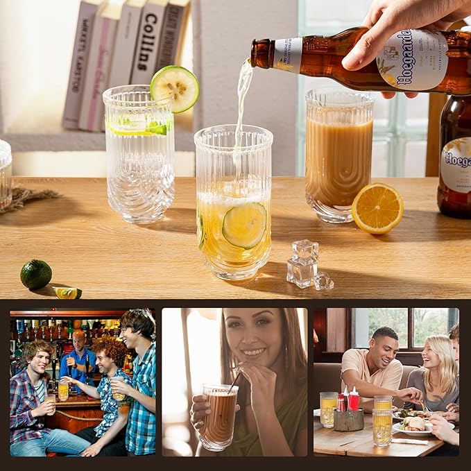 INSETLAN Set of 6 Water Drinking Glasses, Arch Design Cocktail Glasses, Vintage Glassware, Collins Glass Cups for Coffee, Wine, Whiskey, Juice, Housewarming Presents, New House Essentials