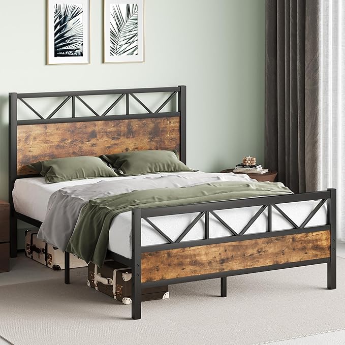 Full Size Bed Frame, Full Bed Frame with 51.2" Tall Industrial Headboard, Full Platform Bed Frame with Strong Steel Slats Support, Noise Free, No Box Spring Needed, Easy Assembly, Rustic Brown