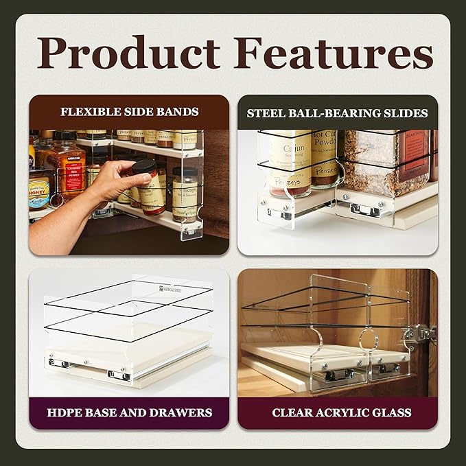 Vertical Spice - Sliding Spice Rack Organizer for Cabinets - Pull Out Shelves for Upper Kitchen Cabinets - Cabinet Organizer/Storage - 2 Tiers - 3.45" x 12.25" x 10.6" (Cream, Partially Assembled)