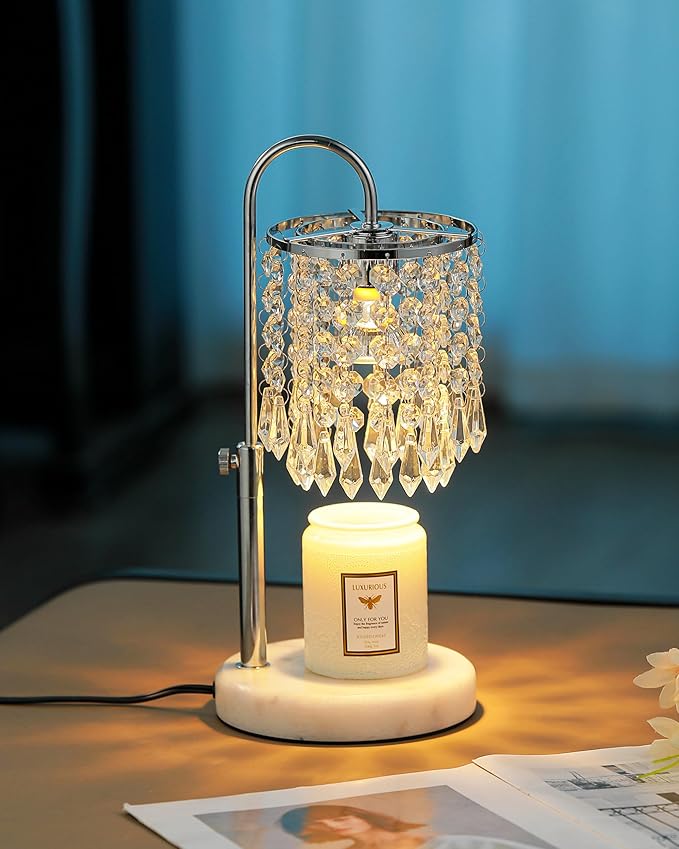 Candle Warmer Lamp with Timer Dimmer and 3 Bulbs, Lamp Candle Warmer with Marble Base for Adjustable Height, Crystal Candle Warmer Lamp for Jar Candles, House Warming Decor Gifts, Silver