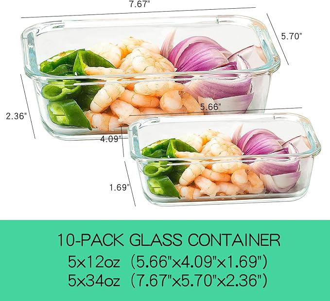 UMEIED 10 Pack Glass Food Storage Containers with Lids Leakproof, Airtight Glass Meal Prep Containers For Lunch, On The Go, Leftover, Dishwasher Safe
