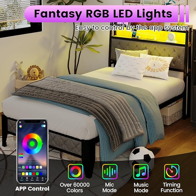 Winkalon Twin Led Bed Frame with Headboard, Bed Frame with Charging Station, Metal Platform Bed Frame Twin Size No Box Spring Needed, Modern Wood Upholstered Headboard and Under Bed Storage