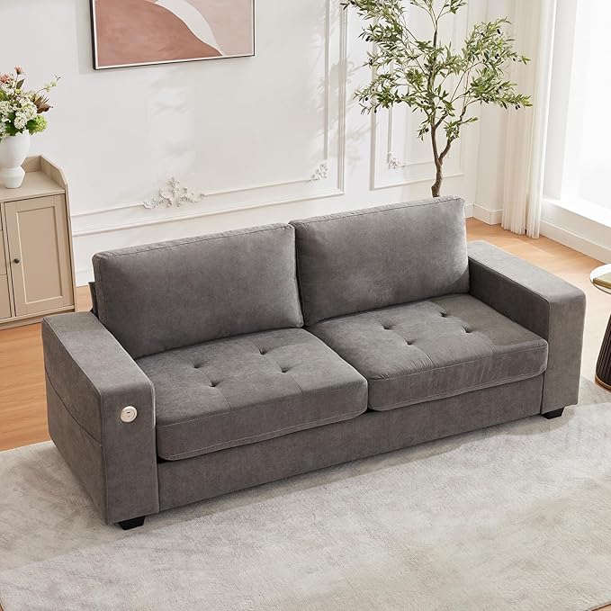 Garvee 90" Chenille Fabric Sofa Modern Comfort Sofa with USB/Type-C Ports, Deep Seat Cushions, Removable Cover, Wide Armrests Ideal for Living Rooms, Small Spaces & Apartments - Gray