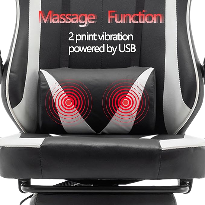 Gaming Chair,Big and Tall Massage Video Game Chairs,Lumbar Support Footrest Padded Armrest Adjustable Height Swivel,300lb Capacity, Comfy Racing Gaming Chairs for Adult Kids (White)