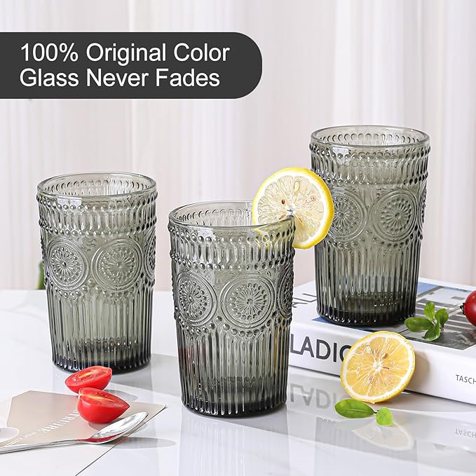 Vintage Glassware Drinking Glasses Set of 6,13 oz Grey Textured Flower Design Glass Water Tumblers,Embossed Striped Drinkware for Water,Cocktails,Juice,Iced Coffee