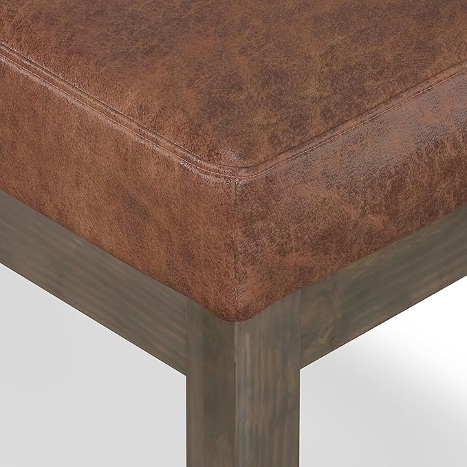 SIMPLIHOME Milltown 27 inch Wide Contemporary Rectangle Footstool Ottoman Bench in Distressed Saddle Brown Vegan Faux Leather, Assembled, for the Living Room and Bedroom
