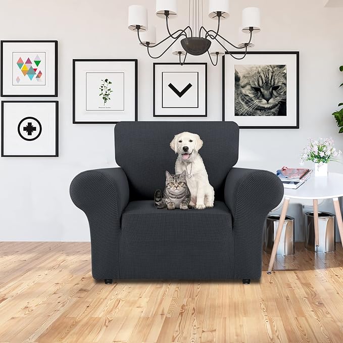 LURKA Stretch Chair Sofa Slipcovers 1 Piece Couch Covers for Sofa Furniture Protector Full Sofa Covers with Elastic Bottom for Kids and Dog (Small, Dark Grey)