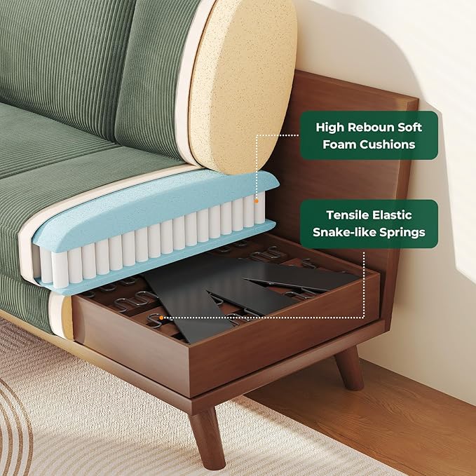 Vesgantti 68" Loveseat Sofa - Green, Comfy Corduroy with Spring Cushion, Solid Wood Frame, Modern Deep Seat, Bedroom & Living Room, Office Couch