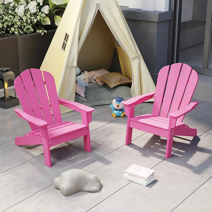 Giantex HDPE Kids Adirondack Chair - All-Weather Lawn Toddler Chair with Ergonomic Design, Children’s Outdoor Chair for Toddlers Ages 3-8, Kid’s Patio Furniture for Deck, Garden (1, Pink)