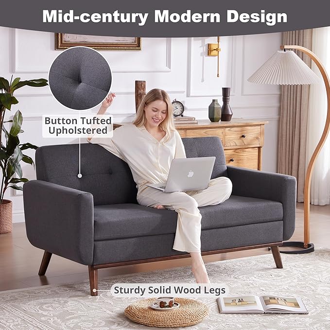Kingfun 65" W Loveseat Sofa, Mid Century Modern Decor Love Seat Couches for Living Room, Button Tufted Upholstered Furniture, Solid & Easy to Install Small Couch for Bedroom Office Apartment,Gray