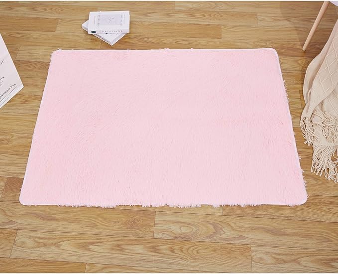 TTLOJ Rectangle Rug for Play Tent, Decorative Area Rug, Fluffy Soft Mat Pad for Kids' Playhouse, Nursery, Children's Room Decor, Dormitory Velvet 50.5" Lx38.5" W Pink