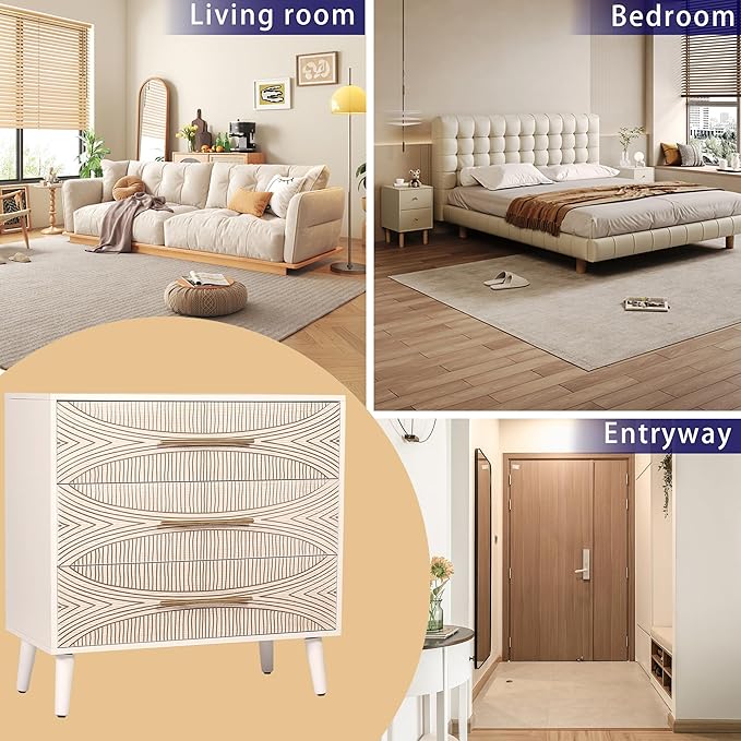 3 Drawer Dresser, White Wooden Dresser with Metal Handles, Bedroom Storage Organizer, TV Stand, Entryway Furniture, Texture Beige