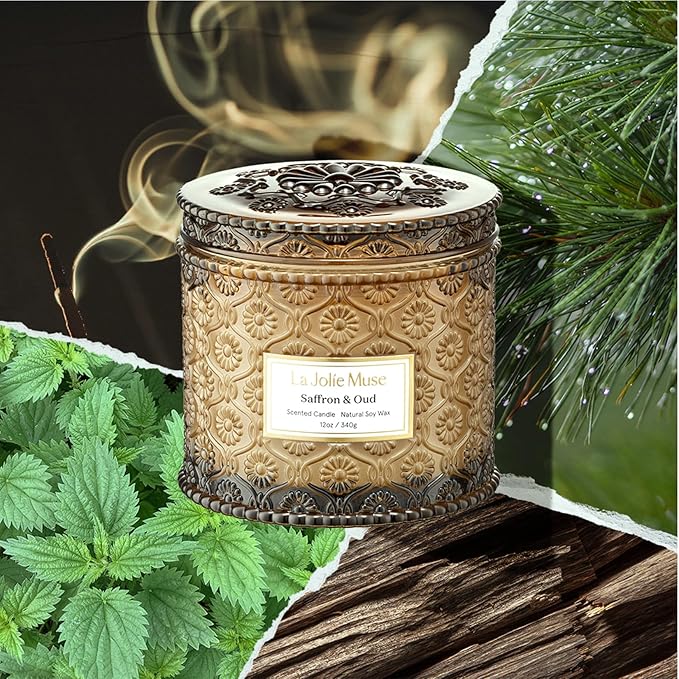 LA JOLIE MUSE Saffron & Oud Scented Candle, Candles for Home Scented, Large 2-Wick Soy Candles, Luxury Jar Candle Gifts for Women & Men, 60 Hours Long Burning, 12oz