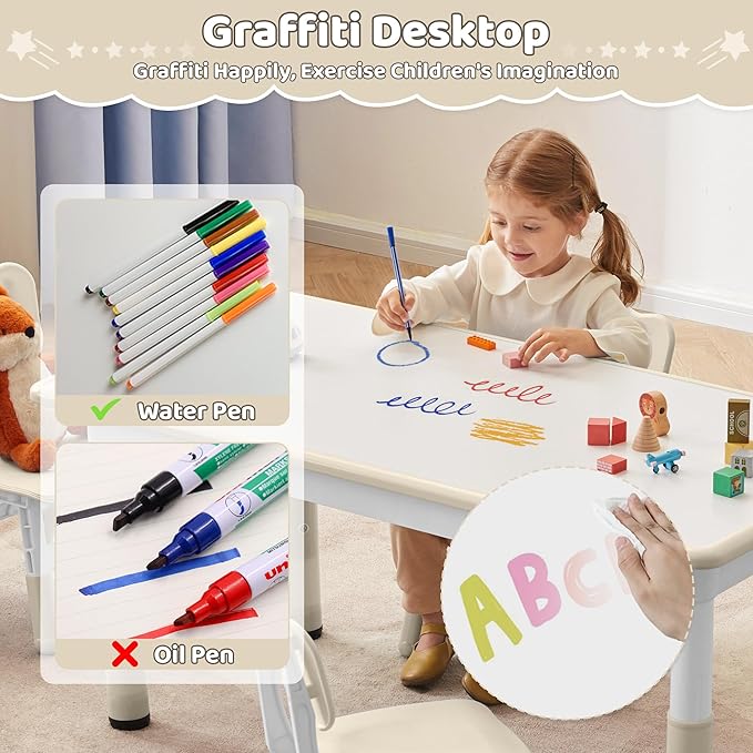 Toddler Table, 7 Level Height Adjustable Kids Play Furniture for Ages 3-8, Rectangular Plastic, 23.6" W x31.5 L, Multi-Activity Desk with Graffiti Desktop for Home & Daycare
