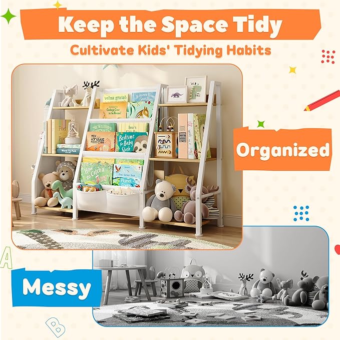 Kids Bookshelf and Toy Organizer: 3-Tier Book Shelf for Kids Room, Sling Book Shelf Toddler Montessori Bookcase with Toy Storage for Nursery, Bedroom, Playroom (Burlywood)