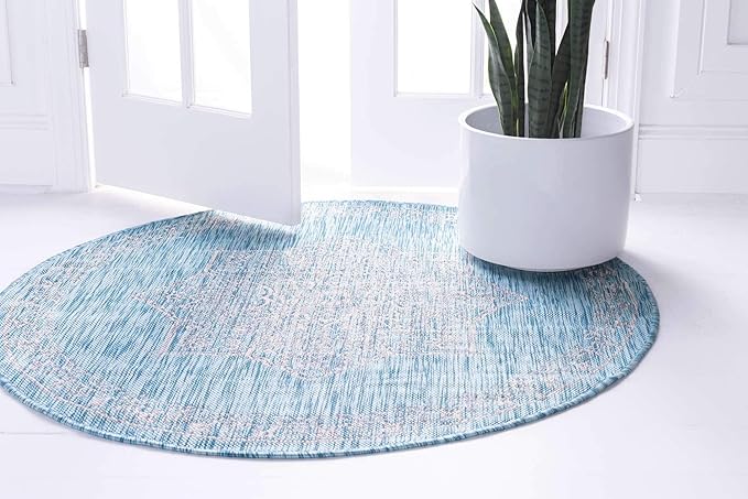 Unique Loom Outdoor Traditional Collection Area Rug - Antique (4' 1" Round, Light Aqua/ Gray)