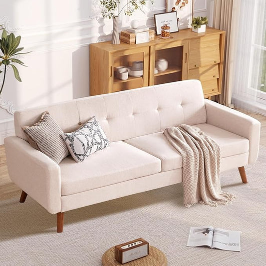Tbfit 77.2" W Linen Sofa Couch, Mid Century Modern Decor Loveseat Couches for Living Room, Button Tufted Upholstered Small Couch for Bedroom, Solid, and Easy to Install Love Seats Furniture, Oatmeal