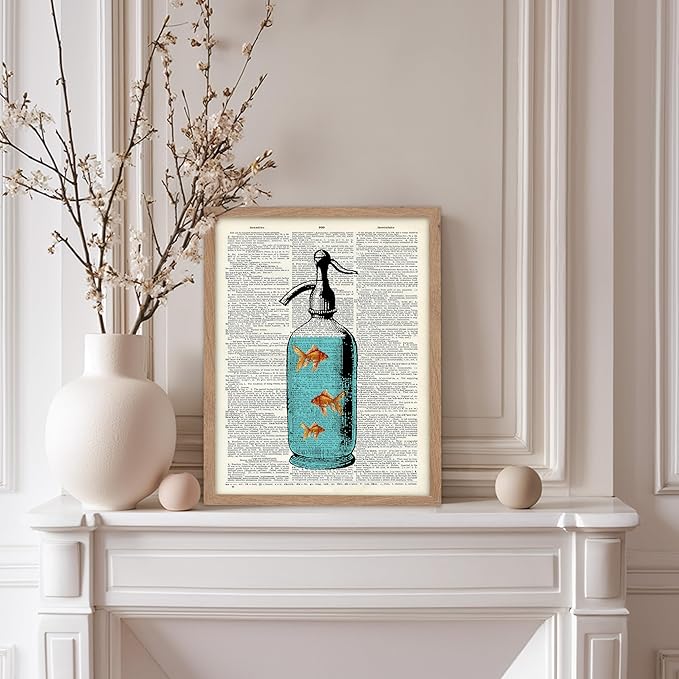 Poster Master Dictionary Art Poster - Goldfish Bowl Print - Fish Art - Aquarium Art - Gift for Men, Women & Animal Lover - Minimal Decor for Living Room, Bathroom or Office, 8x10 Beige Framed