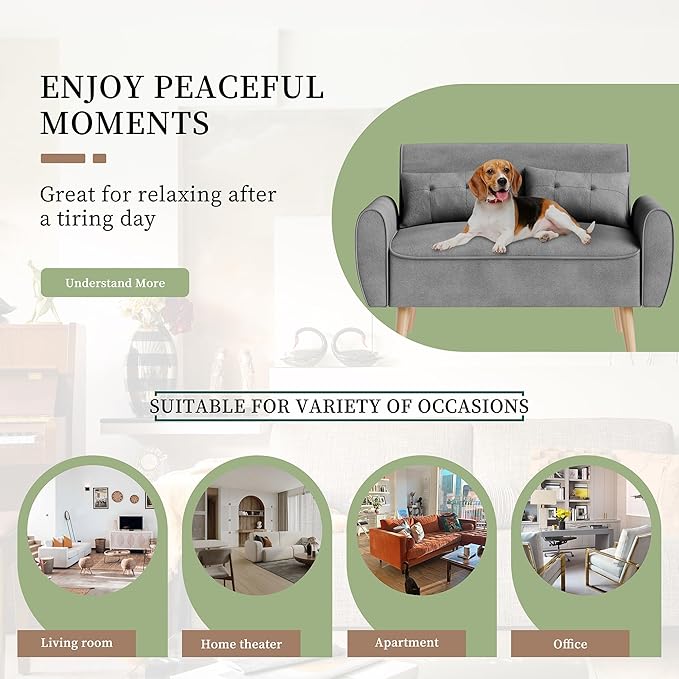 Vongrasig 47" Small Modern Loveseat Sofa, Mid Century Linen Fabric 2-Seat Sofa Couch Tufted Love Seat with Back Cushions and Tapered Legs for Living Room, Bedroom and Small Space (Light Gray)