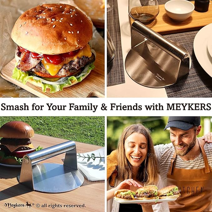 Meykers Smash Burger Press 6.3โ Burger Smasher | for Griddle Grill Pan Skillet | Weight Gain Flat Presser Smashburger Maker 304 Stainless Steel | Meat Bacon Sandwich Panini | Tool Kit for BBQ Lover