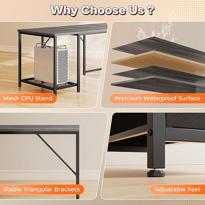 PRAISUN 66 Inch L Shaped Computer Desk with Power Outlets and LED Lights, Home Office Desk with Fabric Drawers and Print Stand, L Shape or Long Set up, Monitor Stand, Mesh CPU Stand, Grey