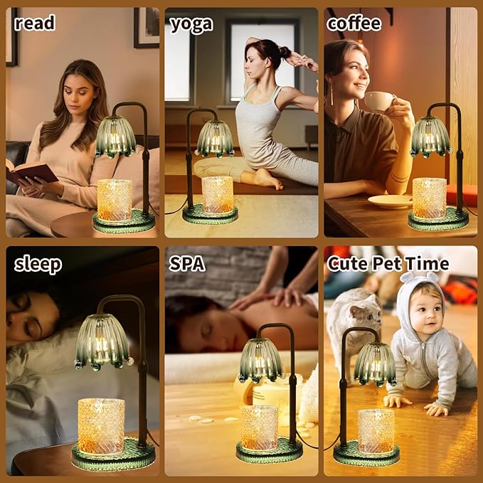 Candle Warmer Lamp with Timer: Adjustable Height and 4 Dimmer, Crystal Glass Base, Heater Wax Warmer for Jar Scented, Home Décor and Housewarming & Birthday Gift for Mom Woman, 2 Bulbs (Crown Green)