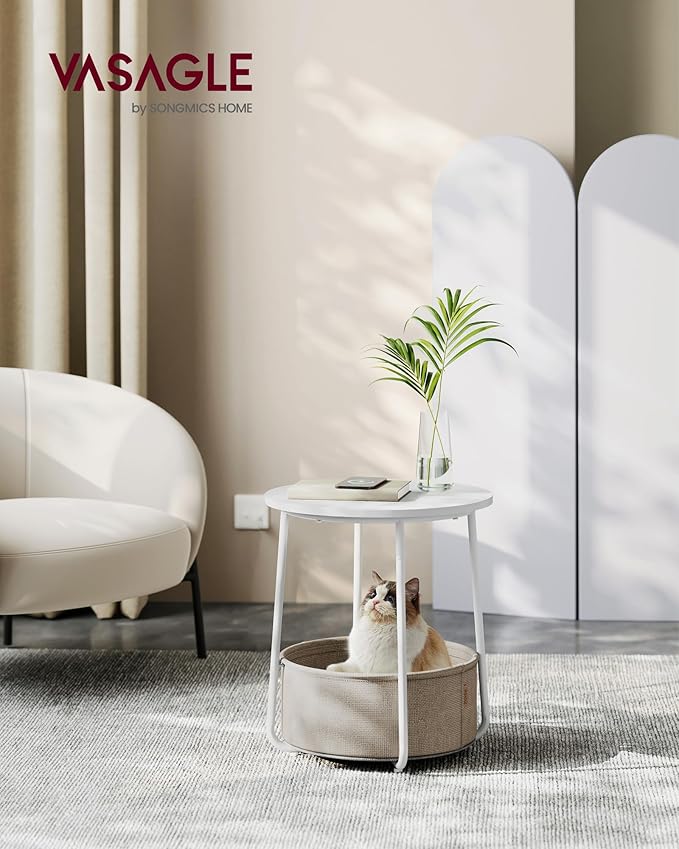 VASAGLE Small Round Side End Table, Modern Nightstand with Fabric Basket, Matte White and Camel Brown ULET223W10