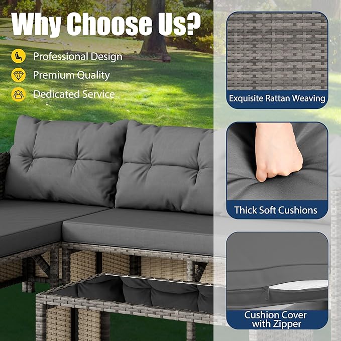 Vongrasig 3 Piece Patio Furniture Sets, All-Weather Wicker Outdoor Sofa Couch Sectional Set, Small Conversation Set for Patio, Garden w/Cushion, Glass Table, (Grey)