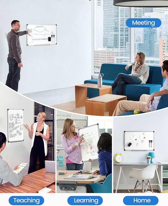 VUSIGN 6PCS Magnetic White Board Kit for Wall 18" x12", 6 Dry Eraser & 12 Multicolor Markers & 24 MagneticPins, Sliver Reinforced Aluminum Frame for Home, School, Office