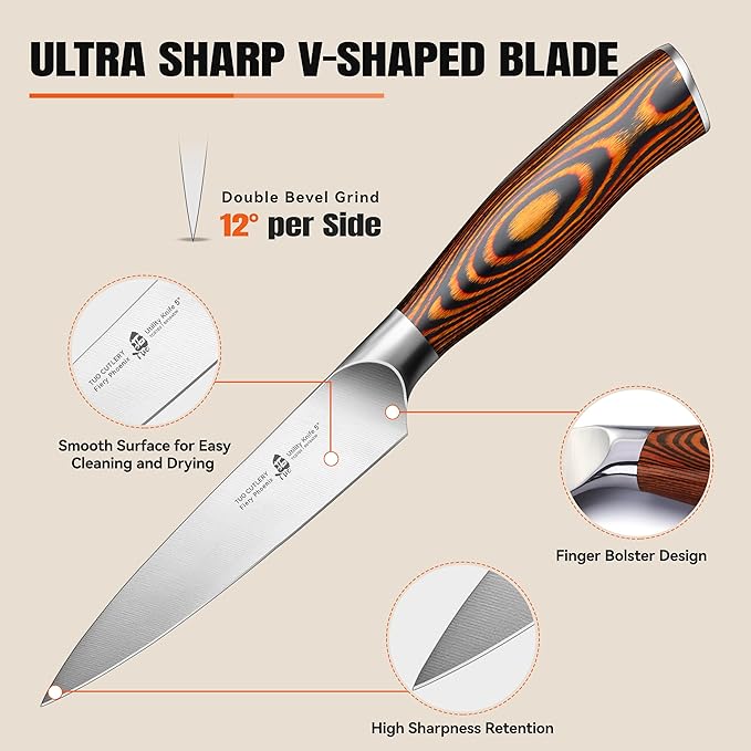 TUO Utility Knife, 5 inch Small Kitchen Knife for Paring & Slicing, with Ergonomic Pakkawood Handle, High Carbon German Stainless Steel - Fiery Phoenix Series