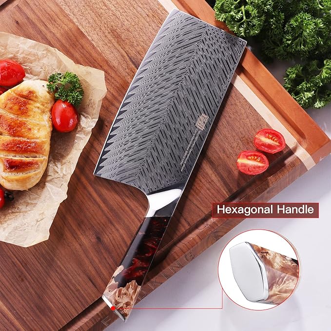 FINDKING Nebula Series Cleaver Knife, Multipurpose Chinese Chef Knife, 10Cr15CoMov Damascus Steel Blade, Resin and Figured Sycamore Handle, Full Tang, 7 Inch, Red, for Meat, Vegetable Shredding