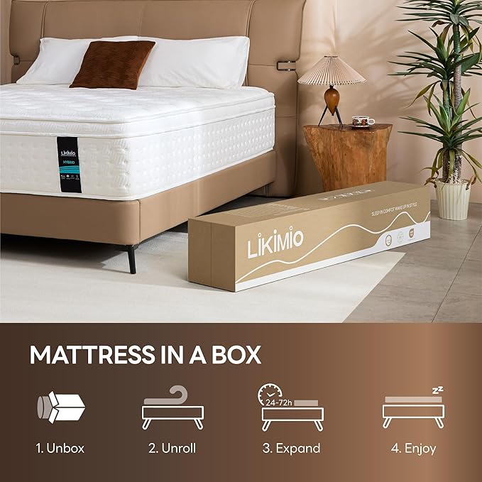 LIKIMIO 10 Inch Queen Mattress, Cool Hybrid Mattress in a Box, Gel Memory Foam, Individual Pocket Springs for Strong Edge Support, Motion Isolation, Pressure Relief, Oeko-TEX & CertiPUR-US, SG Made