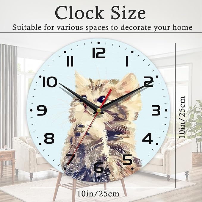 Wall Clock, 10 Inch Silent Non-Ticking Home Kitchen Decor, Battery Operated for Bathroom Bedroom Living Room Office(Cute Cats)