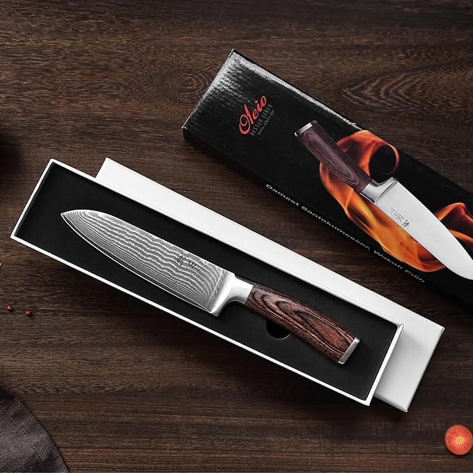Wakoli 7-inch Damascus Santoku Knife - 67-Layer VG10 Core Steel, Razor Sharp Japanese Chef's Knife with Pakkawood Handle, for Meat, Vegetables & All Kitchen Tasks - Gift Box (EDIB)